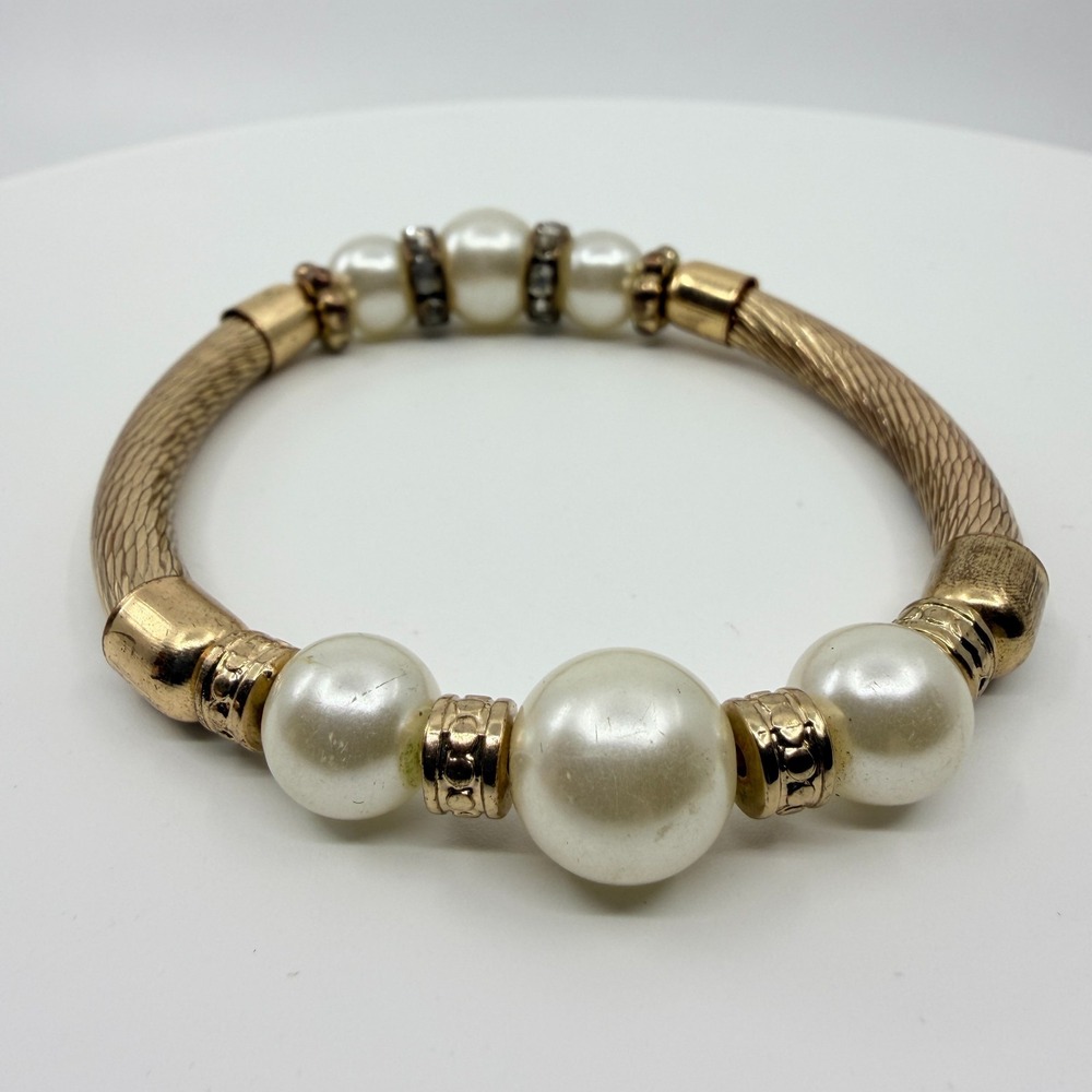 Vintage Faux Pearl Cable Stretch Bracelet with Gold Tone & Rhinestone